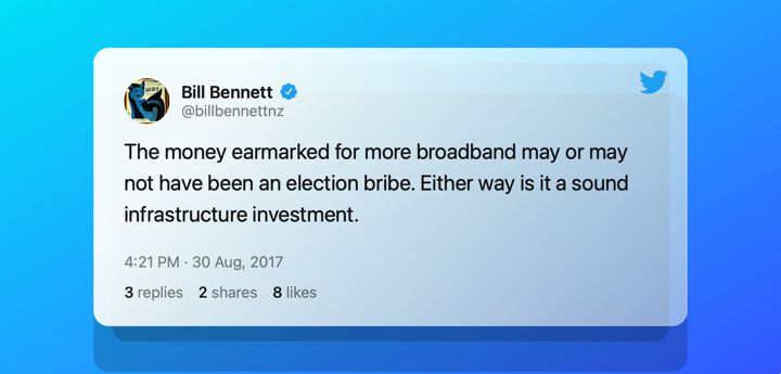 Tweet by Bill Bennett on Broadband infrastructure investment.