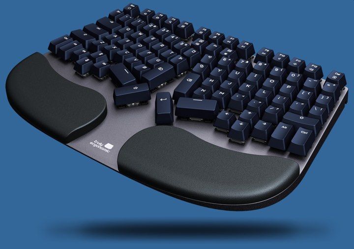 ruly Ergonomic Cleave keyboard sideways view.