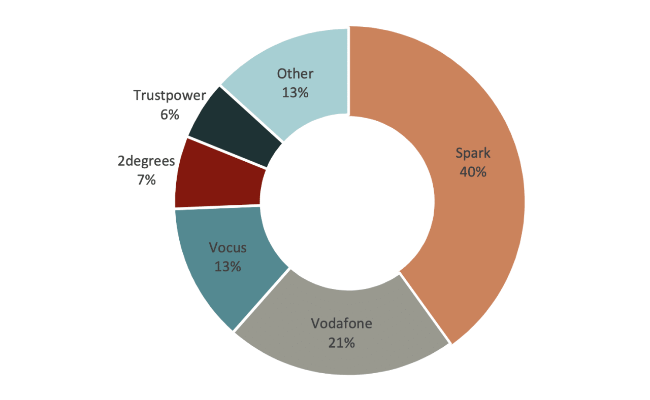 Estimated fixed broadband retailer market share by connections 2020 – Commerce Commission figures.