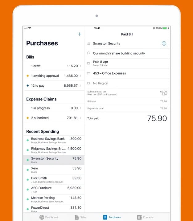 Xero iPad app purchases screen.