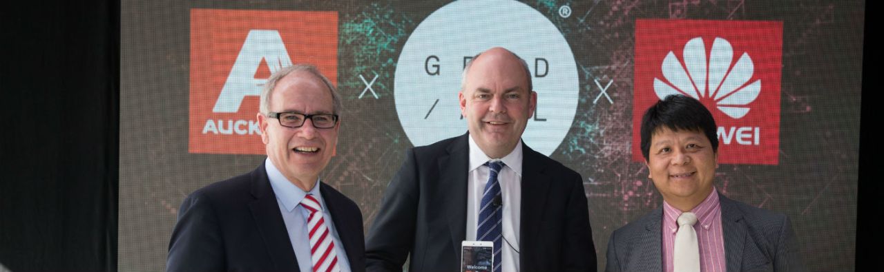 Len Brown, Steven Joyce and Huawei rotating CEO Guo Ping at the Grid Auckland. 