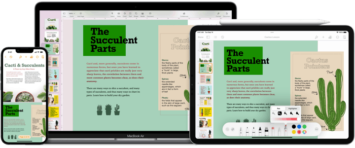 Pages on iPhone, MacBook, iPad.