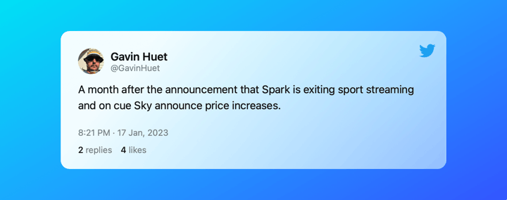 Gavin Huet tweet about Sky Sport Now price increase.