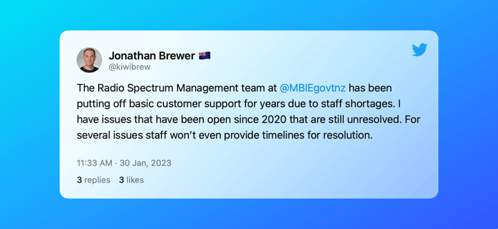 Radio Spectrum Management MBIE tweet by Jonathan Brewer.