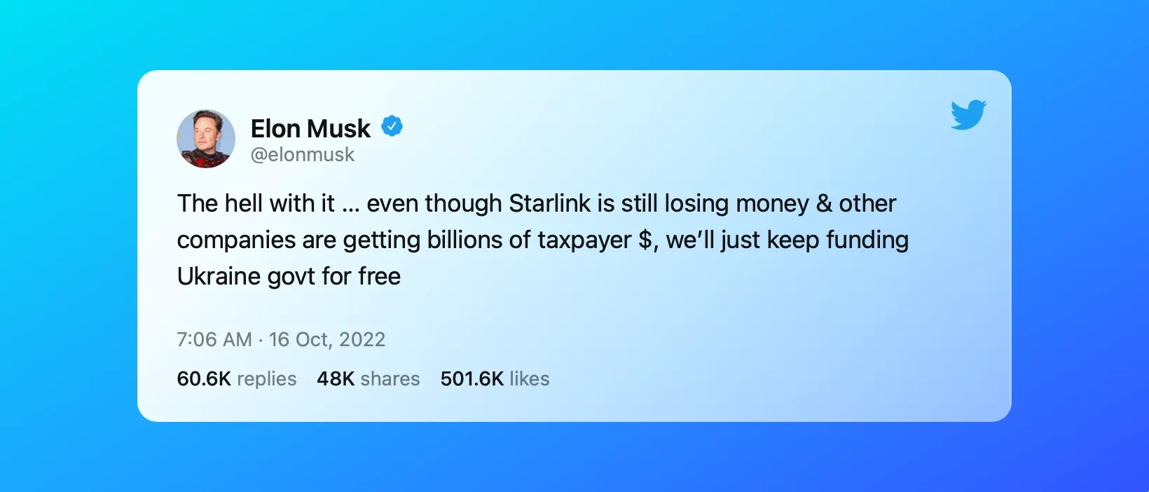 Starlink losing money - Elon Musk tweet. 
