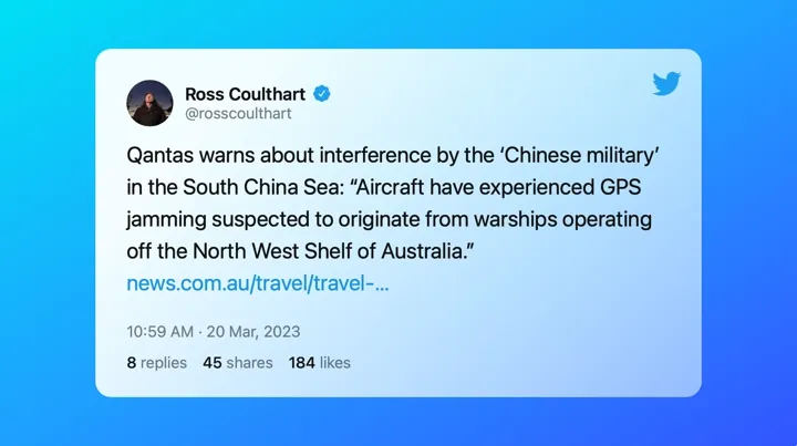 Tweet by Ross Coulthard about Qantas and Chinese military jamming in South China Sea.
