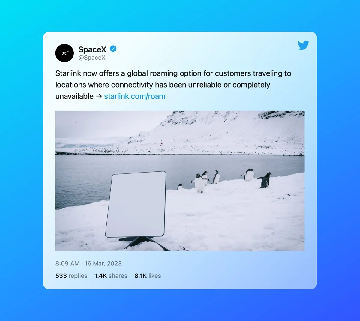 SpaceX Tweet about Starink Global Roaming.