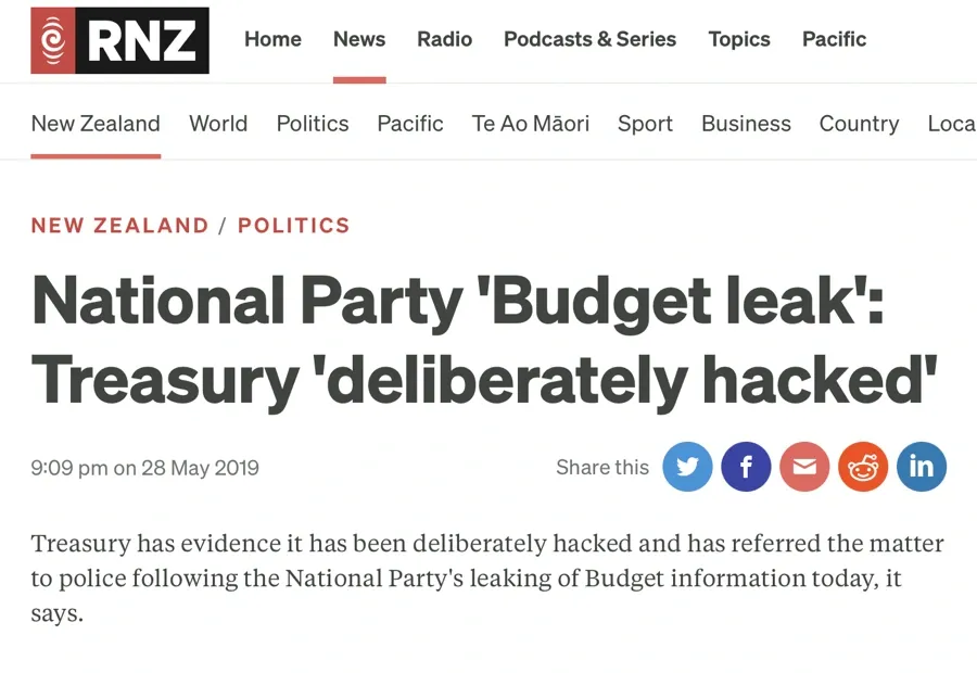 National Party ‘Budget leak’: Treasury ‘deliberately hacked’ — RNZ website.