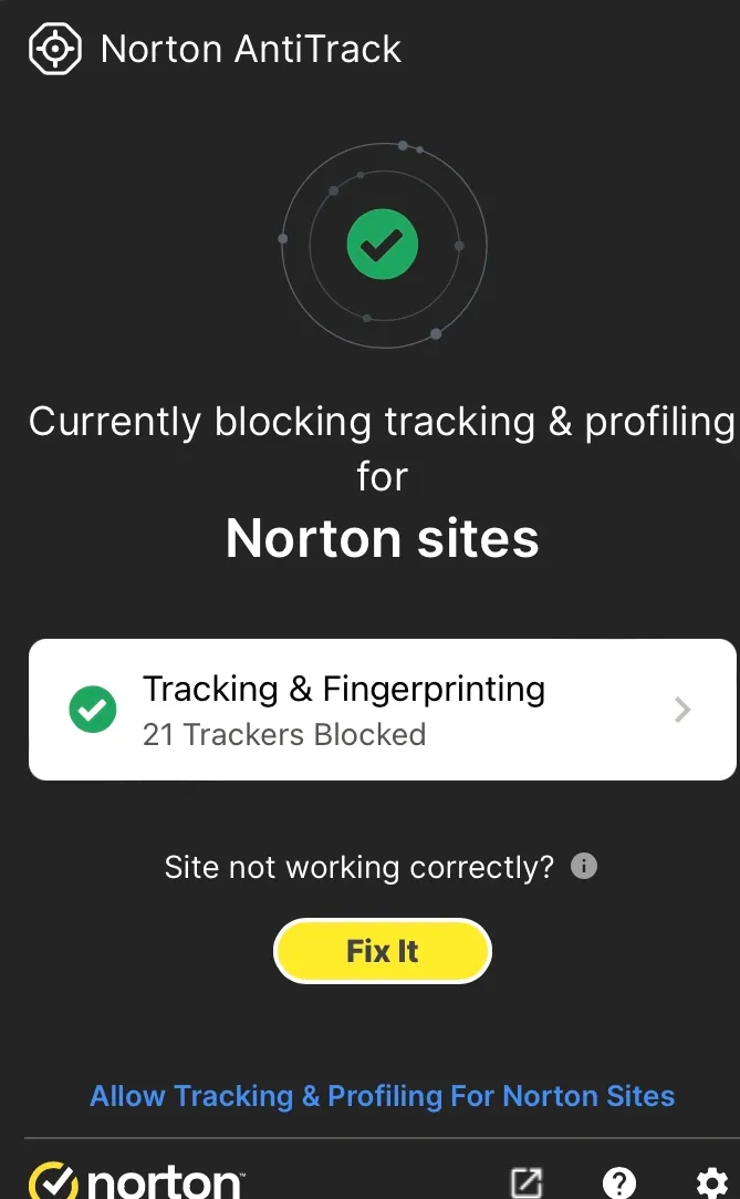 Norton AntiTrack pop-up screen.