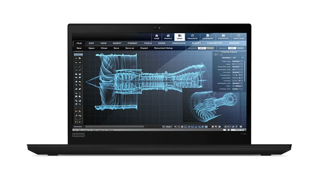 Lenovo ThinkPad P14s i Gen 2 workstation review. Screen shows engineering drawing.