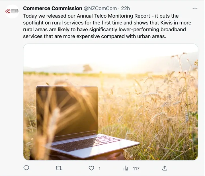 Commerce Commission Annual Telco Monitoring Report Tweet. 