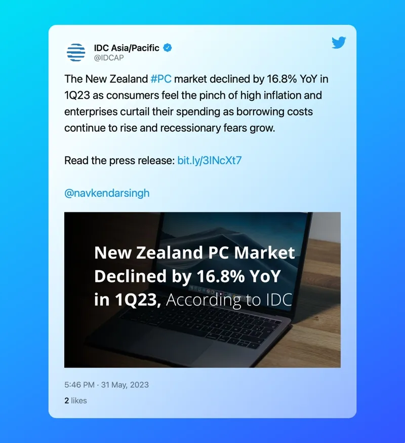 New Zealand PC market declines 1Q23.