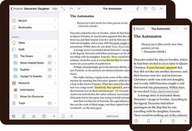 Scrivener app on iPad and iPhone screens.