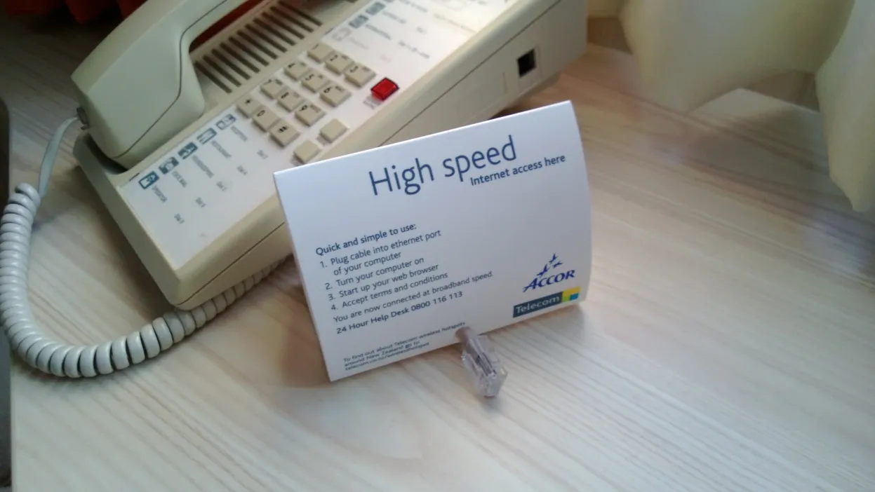 Hotel Ethernet – notice the old school Telecom logo from the days when 256kbps was high-speed Internet.