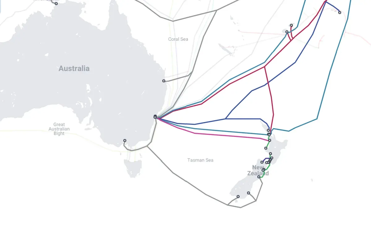Telegeography map of New Zealand region submarine cables.