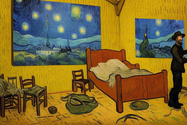 AI generated picture of Vincent Van Gogh painting in an attic. 