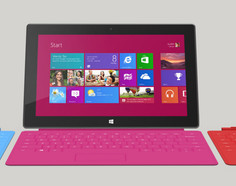 A pink Microsoft Surface tablet.