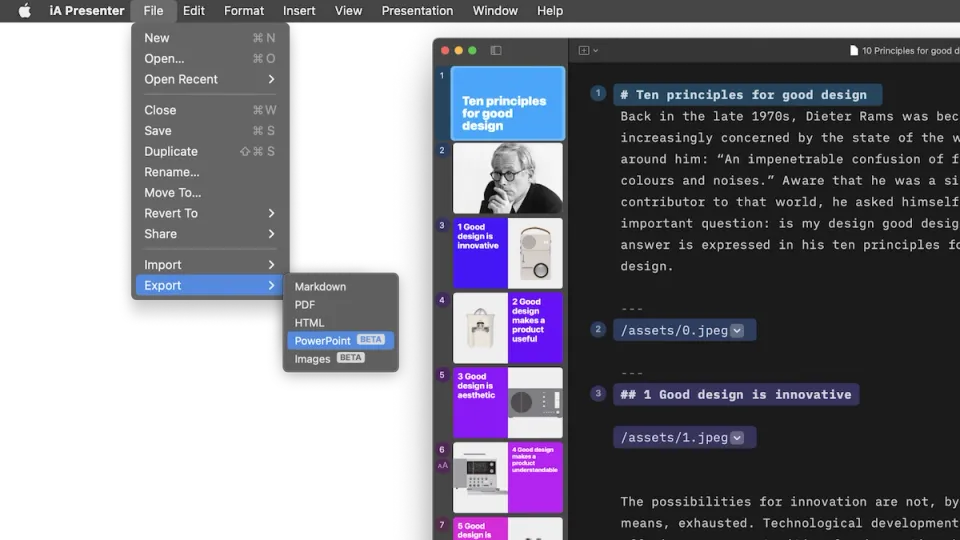 iA Presenter - distraction free slide deck and presentation app uses plain text and Markdown.