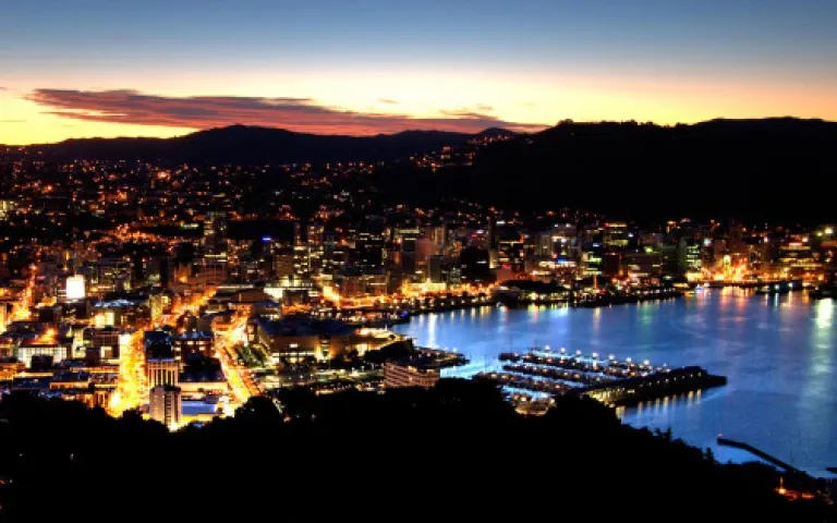 Wellington, New Zealand. At night.